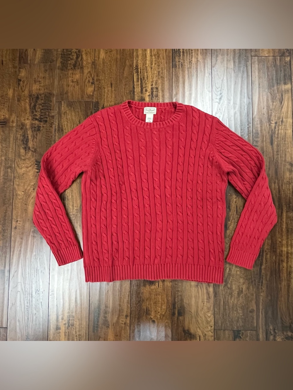 L.L. Bean Sweater Red Cable Knit 100% Cotton Crewneck Fisherman Women’s XL.